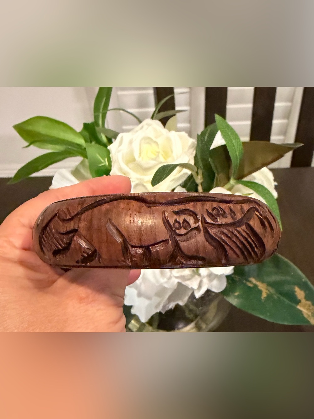Vintage Hand Carved African Wood Safari Bangle Bracelet - Kenya Folk Art Tribal